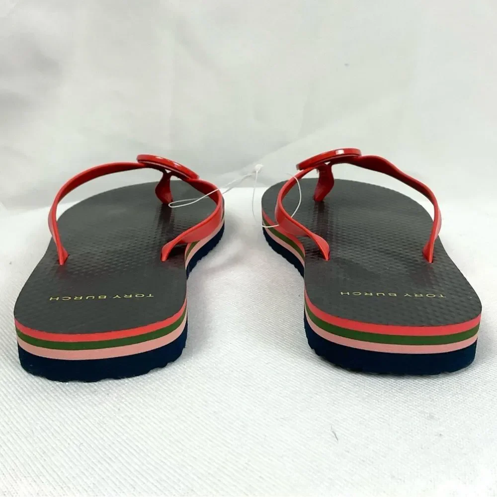 Tory Burch Minnie Flip Flops Sz 5 Logo Red Grenadine Thongs New Flat Sandals